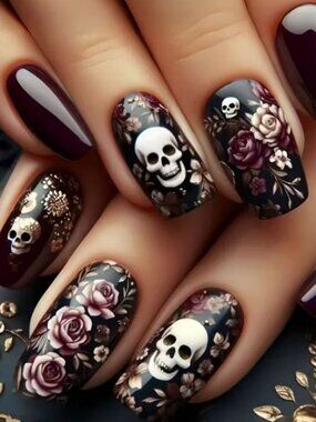 Press-on Nails Burgundy Ballet-Style Rose Sugar Skull Pattern Nail Tips 24pcs